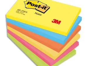 BLOC-NOTES POST-IT COULEURS ÉNERGIQUES 76X127M 100F REPOSITIONNABLES 5 COLORIS ASSORTIS 6 BLOCS