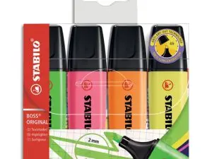 SURLIGNEUR STABILO BOSS TRACÉ 2/5MM POINTE BISEAUTÉE ENCRE UNIVERSELLE BASE EAU RÉSISTANTE LUMIÈRE POCHETTE 4 UNITÉS