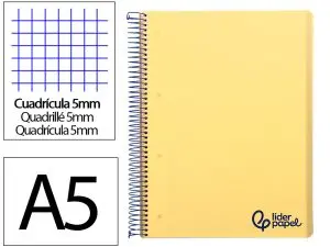 CAHIER SPIRALE LIDERPAPEL A5 MICRO WONDER 240 PAGES 90G 5X5MM 6 TROUS 5 BANDES COULEURS JAUNE