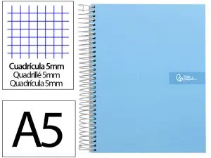 CAHIER SPIRALE LIDERPAPEL CRAFTY COUVERTURE CONTRECOLLÉE A5 240P 90G/M2 5X5MM MICROPERFORÉ 6 TROUS COLORIS BLEU CIEL