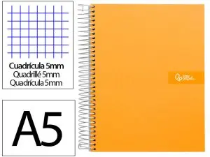 CAHIER SPIRALE LIDERPAPEL CRAFTY COUVERTURE CONTRECOLLÉE A5 240P 90G/M2 5X5MM MICROPERFORÉ6 TROUS COLORIS ORANGE