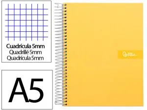 CAHIER SPIRALE LIDERPAPEL CRAFTY COUVERTURE CONTRECOLLÉE A5 240P 90G/M2 5X5MM MICROPERFORÉ 6 TROUS COLORIS JAUNE