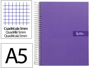 CAHIER SPIRALE LIDERPAPEL CRAFTY COUVERTURE CONTRECOLLÉE A5 240P 90G/M2 5X5MM MICROPERFORÉ 6 TROUS COLORIS VIOLET