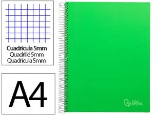 CAHIER SPIRALE LIDERPAPEL JOLLY COUVERTURE CONTRECOLLÉE A4 280P 75G/M2 5X5MM MICROPERFORÉ 4 TROUS COLORIS VERT