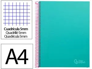 CAHIER SPIRALE LIDERPAPEL JOLLY COUVERTURE CONTRECOLLÉE A4 280P 75G/M2 5X5MM MICROPERFORÉ 4 TROUS COLORIS TURQUOISE