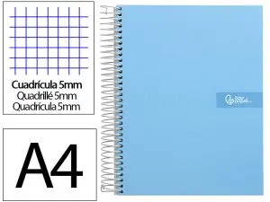 CAHIER SPIRALE LIDERPAPEL CRAFTY COUVERTURE CONTRECOLLÉE A4 240P 90G/M2 5X5MM MICROPERFORÉ 4 TROUS COLORIS BLEU CIEL