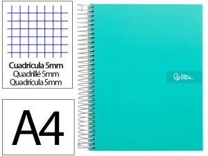 CAHIER SPIRALE LIDERPAPEL CRAFTY COUVERTURE CONTRECOLLÉE A4 240P 90G/M2 5X5MM MICROPERFORÉ 4 TROUS COLORIS TURQUOISE