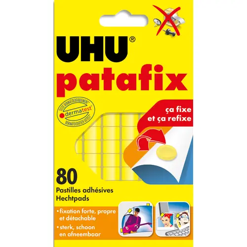 PASTILLE ADHÉSIVE UHU PATAFIX FIXE MOMENTANÉMENT DÉFINITIVEMENT DOCUMENTS OBJETS COLORIS JAUNE SACHET 80 UNITÉS