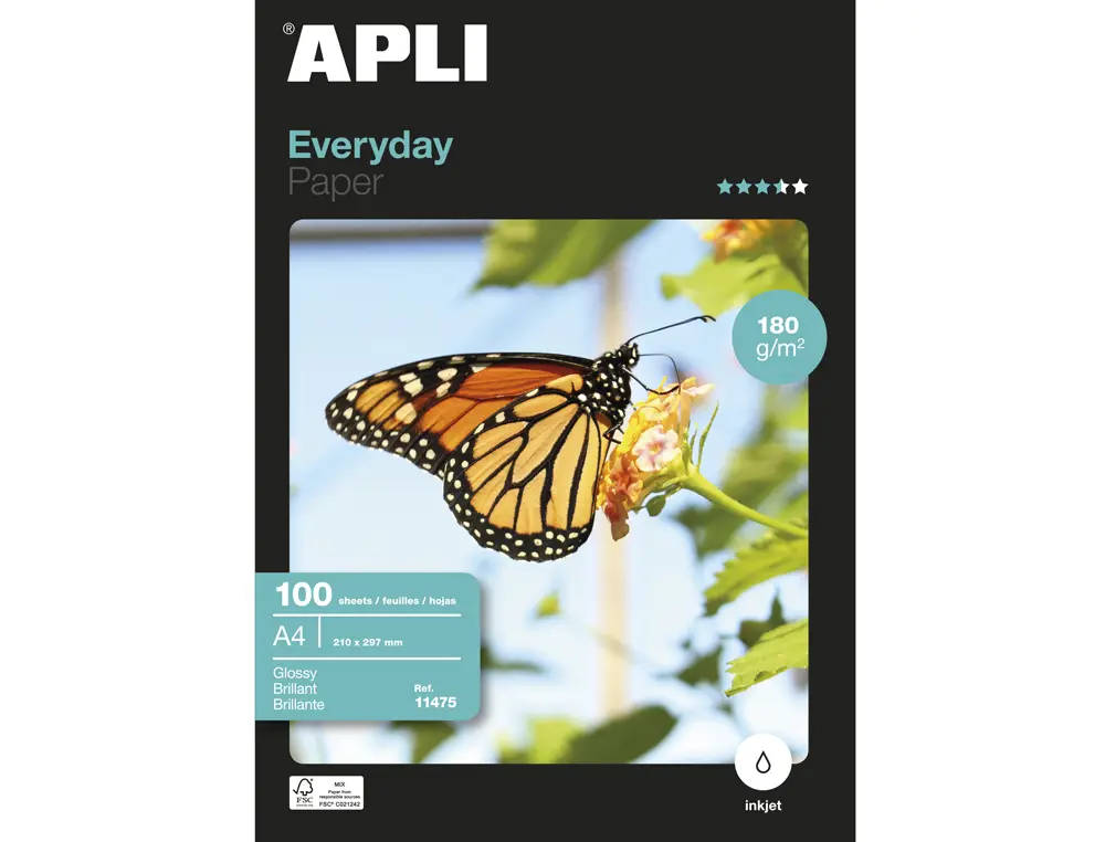 PAPIER PHOTO APLI AGIPA JET D'ENCRE EVERYDAY BRILLANT A4 180G/M2 PAQUET 100 FEUILLES