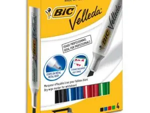 MARQUEUR BIC VELLEDA 1781 EFFAÇABLE POINTE BISEAUTÉE 2MM ÉCRITURE 3/5MM ENCRE CÉTONE CORPS MÉTAL COLORIS ASSORTIS 4U