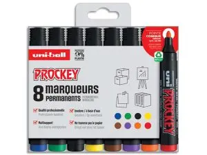 MARQUEUR UNIBALL UNI PROCKEY PERMANENT POINTE OGIVE TRACÉ 1.8MM ENCRE SANS ALCOOL CORPS PLASTIQUE POCHETTE 8 UNITÉS