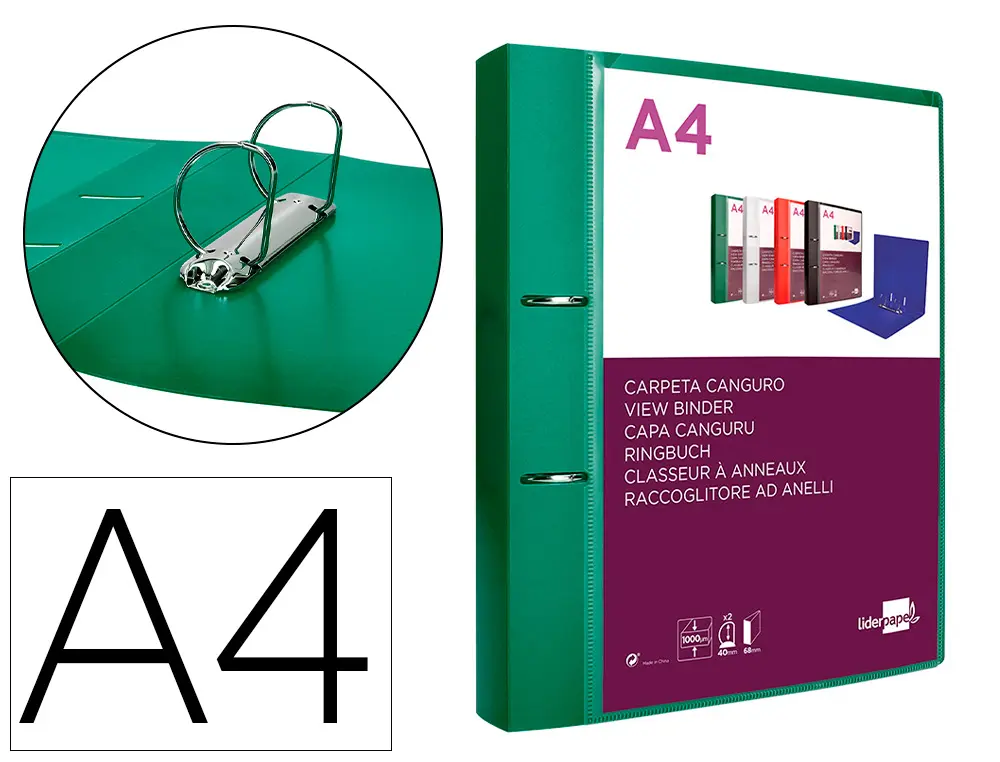 CLASSEUR KANGOUROU LIDERPAPEL 2 ANNEAUX EN D 40MM POLYPROPYLENE 283X320MM DOCUMENT A4 COLORIS VERT