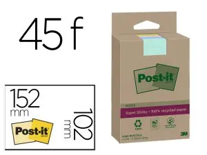 BLOC-NOTES POST-IT SUPER STICKY GRAND FORMAT RECYCLES 102X152MM 45F REPOSITIONNABLES LIGNES COL. ASSORTIS PACK 4 BLOCS
