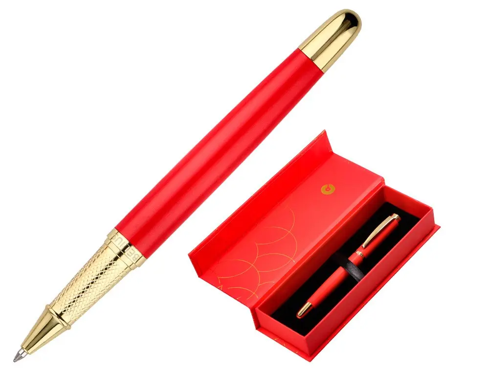 STYLO-BILLE BELIUS PASSION ALUMINIUM BROSSE ATTRIBUTS OR ENCRE BLEUE COLORIS ROUGE DANS COFFRET CADEAU