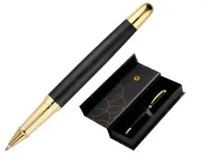 STYLO-BILLE BELIUS PASSION ALUMINIUM BROSSE ATTRIBUTS OR ENCRE BLEUE COLORIS NOIR DANS COFFRET CADEAU