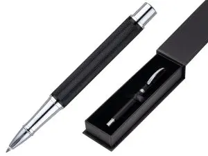 ROLLER BELIUS TURBO ALUMINIUM TEXTURE POINTILLEE ATTRIBUTS  ARGENT ENCRE BLEUE COLORIS    NOIR DANS COFFRET CADEAU