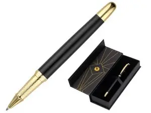 STYLO-BILLE BELIUS SOIREE ALUMINIUM DETAILS ET ATTRIBUTS OR ENCRE BLEUE COLORIS NOIR DANS COFFRET CADEAU