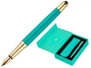 STYLO-PLUME ET ETUI SIMILI CUIR BELIUS SOIREE ALUM. DETAILS ET ATTRIBUTS OR ENCRE BLEUE COLORIS TURQUOISE COFFRET CADEAU