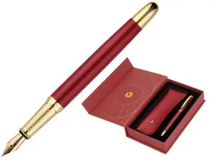 STYLO-PLUME ET ETUI SIMILI CUIR BELIUS SOIREE ALUM. DETAILS ET ATTRIBUTS OR ENCRE BLEUE COLORIS BORDEAUX COFFRET CADEAU