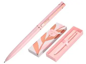 STYLO-BILLE BELIUS ROSE ALUMINIUM DETAILS ET ATTRIBUTS OR ROSE ENCRE BLEUE COLORIS ROSE DANS COFFRET CADEAU