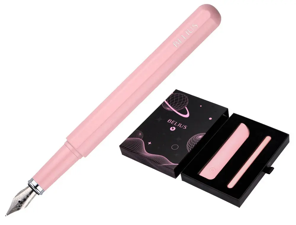 STYLO-PLUME ET ETUI EN SIMILI CUIR BELIUS SPACE B MONOCHROME SANS AGRAFE ENCRE BLEUE COLORIS ROSE DANS COFFRET CADEAU