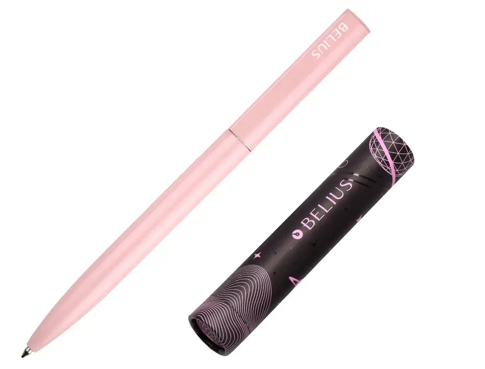 STYLO-BILLE BELIUS ROCKET B MONOCHROME SANS AGRAFE ENCRE BLEUE COLORIS ROSE DANS COFFRET CADEAU ORIGINAL CYLINDRIQUE
