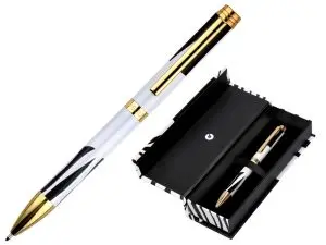 STYLO-BILLE BELIUS B&W ALUMINIUM ATTRIBUTS OR ENCRE BLEUE COLORIS NOIR ZEBRURES BLANCHES DANS COFFRET CADEAU