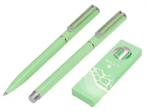 PARURE STYLO-BILLE ET ROLLER BELIUS ENDLESS SUMMER ALUMINIUM ATRIBUTS ARGENT ENCRE BLEUE COLORIS VERT COFFRET CADEAU