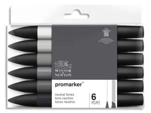 MARQUEUR PROFESSIONNEL W&N PROMARKER DOUBLE POINTE TONS NEUTRES GRIS FROID/NOIR SET 6 UNITÉS       0290154