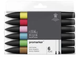 MARQUEUR PROFESSIONNEL W&N PROMARKER DOUBLE POINTE TONS MOYENS JAUNE/TULIPE/ROUGE/OEILLET ROSE/BLEU CHINE/CACAO 6 UNITÉS