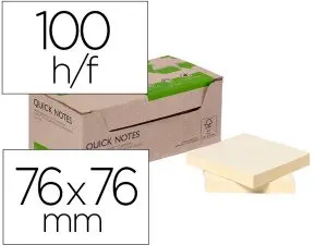 BLOC NOTES Q-CONNECT QUICK NOTES 76X76MM 100F ADHESIVES REPOSITIONABLES COLORIS JAUNE PACK 12 UNITES