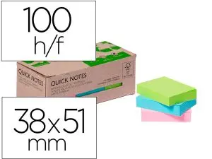 BLOC NOTES Q-CONNECT QUICK NOTES 38X51MM 100F ADHESIVES REPOSITIONABLES COLORIS PASTEL ASSORTIS PACK 12 UNITES