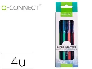 SURLIGNEUR Q-CONNECT FLUORESCENT CORPS TRANSPARENT POINTE BISEAUTEE TRAIT 1-5MM GRIP COLORIS ASSORTIS POCHETTE 4 UNITES