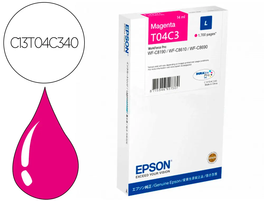 CARTOUCHE EPSON JET D'ENCRE T04C3 COULEUR MAGENTA 1700 PAG