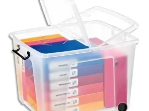 BOÎTE RANGEMENT CEP POLYPROPYLÈNE COUVERCLE PAPILLON 48X38X37CM 4 ROULETTES COLORIS TRANSPARENT CONTENANCE 75L