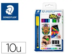 MARQUEUR STAEDTLER PERMANENT DRY SAFE LUMOCOLOR  318       POINTE FINE 0,6MM COLORIS     ASSROTIS ETUI DE 10 FEUTRES