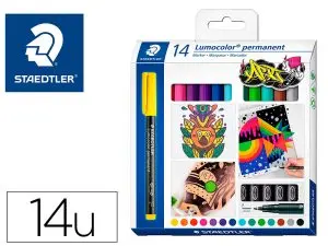 MARQUEUR STAEDTLER PERMANENT DRY SAFE LUMOCOLOR  318       POINTE FINE 0,6MM COLORIS     ASSROTIS ETUI DE 14 FEUTRES
