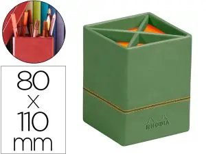 POT   CRAYONS RHODIARAMA 4 COMPARTIMENTS EN SIMIL CUIR   SAUGE VELOUT  8X8X11CM