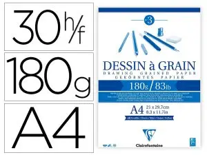 BLOC DESSIN   GRAIN CLAIREFONTAINE A4 ENCOLL      BLANC 21CMX29,7CM 180GR 30 F