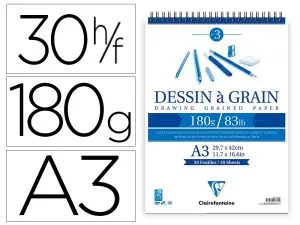 BLOC DESSIN   GRAIN CLAIREFONTAINE SPIRALE A3     BLANC 29,7CMX42CM 180GR 30F