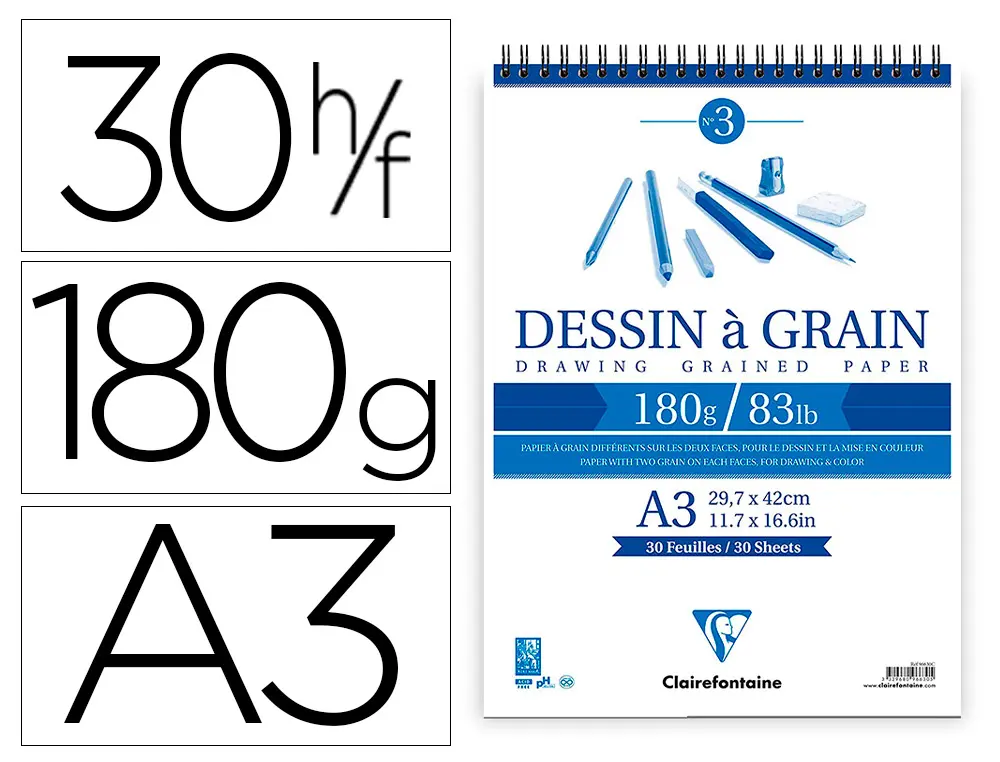 BLOC DESSIN GRAIN CLAIREFONTAINE SPIRALE A3 BLANC 29,7CMX42CM 180GR 30F