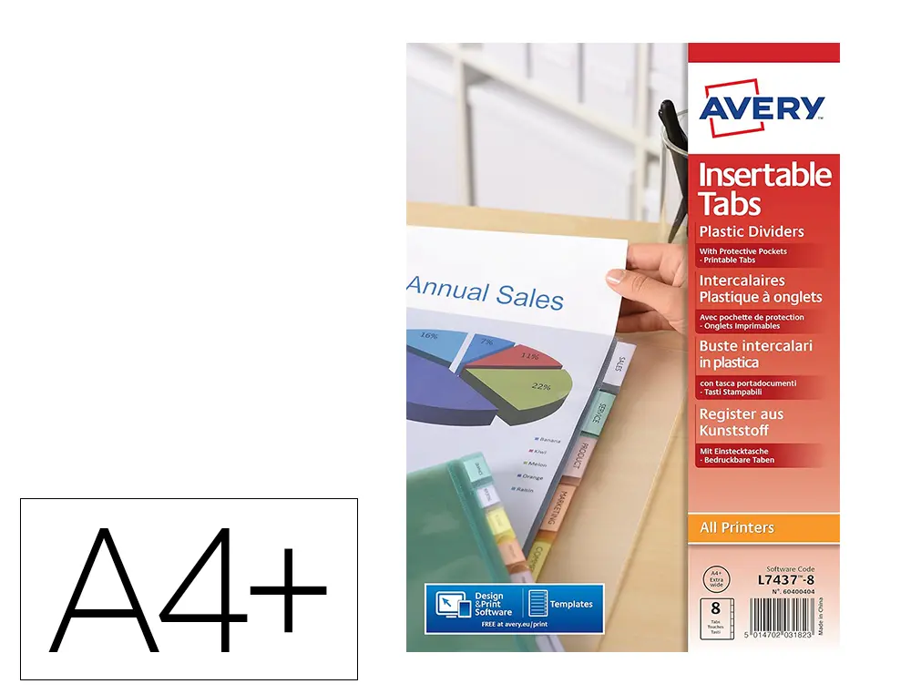 POCHETTES INTERCALAIRES AVERY 8 TOUCHES A+ 180 MICRONS POLYPROPYLENE TRANSPARENT