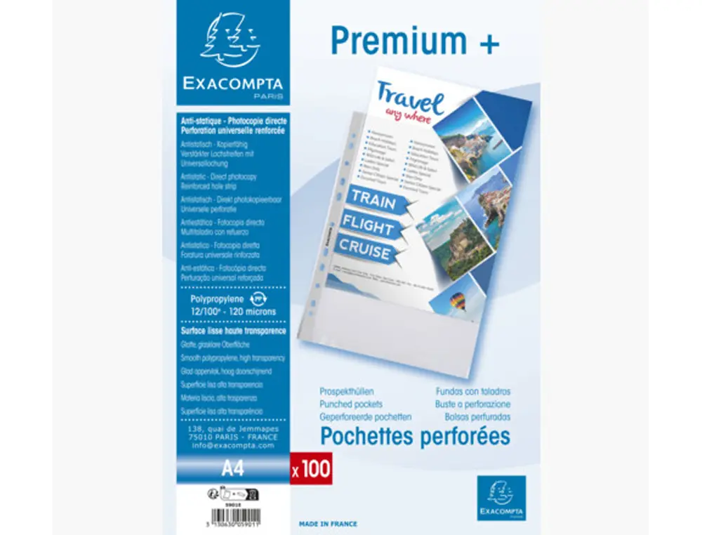 POCHETTE PERFOREE EXACOMPTA A4 PP LISSE 12/100EME 120 MICRONS PAQUET 100 UNITES