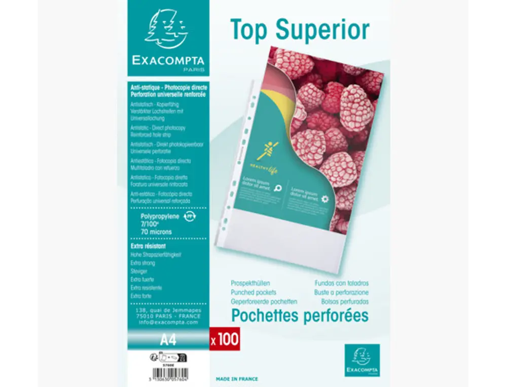 POCHETTE PERFOREE EXACOMPTA A4 PP GRAINE 7/100EME 70 MICRONS PAQUET 100 UNITES