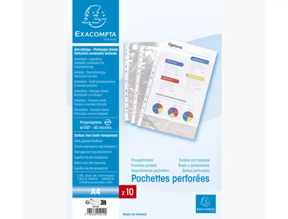 POCHETTE PERFOREE EXACOMPTA A4 PP LISSE 6/100EME 60 MICRONS PAQUET 10 UNITES