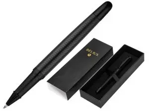 STYLO-BILLE BELIUS NEPTUNO CORPS ALUMINIUM TEXTURE WAVY  ENCRE BLEUE COLORIS NOIR      BOITE DESIGN