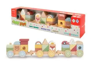 JEU ENFANT IMAGINOVO TRAIN FORMES EMPILABLES AVEC ROUES  BOIS +18 MOIS 38X9,5X7,5 CM