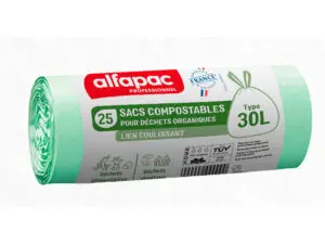 SAC DECHETS COMPOSTABLE ALFAPAC LIEN COULISSANT 18    MICRONS 30L RESISTANCE 6,5KG  500X650MM COLORIS VERT 250