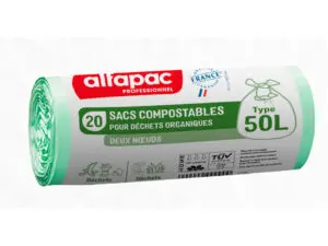 SAC DECHETS COMPOSTABLE ALFAPAC 2 NOEUDS 16 MICRONS   50L RESISTANCE 8KG 680X750MM  COLORIS TRANSPARENT 500