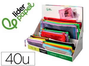 PRESENTOIR LIDERPAPEL POCHETTE ZIP MULTIUSAGE TAILLES ET COLORIS ASSORTIS 40 UNITES